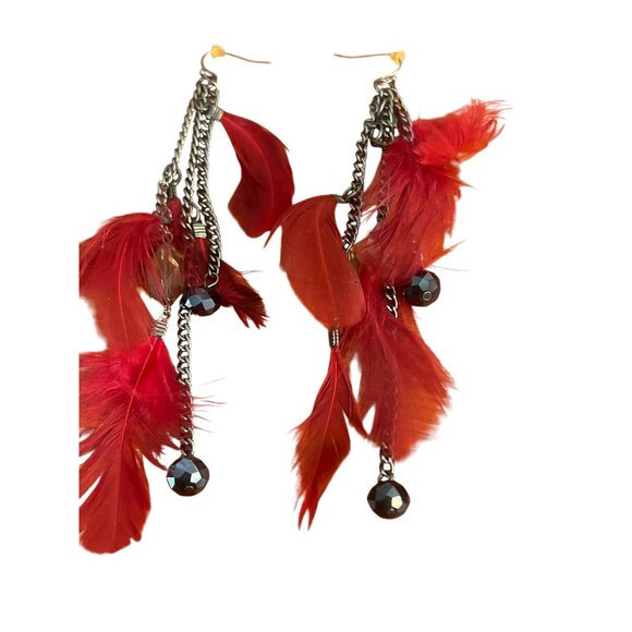 Long Dangle Earrings Red Feathers Gunmetal Glass Acrylic Beads Hooks Boho 6" - Picture 1 of 4